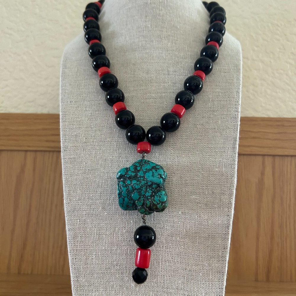 Mexican Turquoise, Obsidian, Coral necklace, 18 inches long